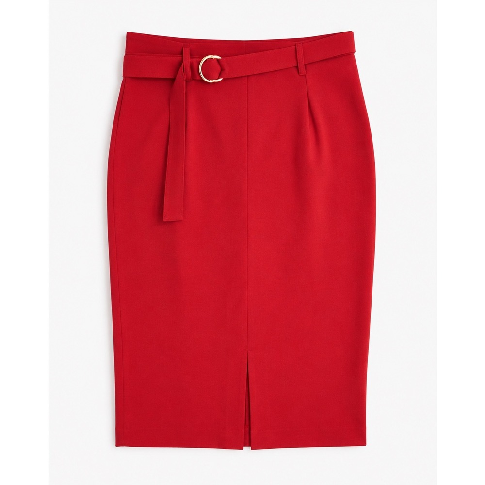 Vesper Red Belted High Waisted Pencil Skirt with Gold O-Ring Size 14 UK US 10